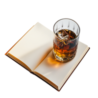 Whiskey glass with ice cubes on open book, concept of relaxation, reading, and leisure time on transparent background png
