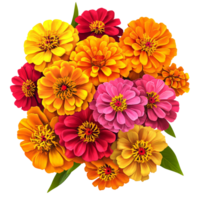 Vibrant Zinnia Flower Bouquet on Transparent Background, featuring a colorful mix of red, pink, yellow, and orange blooms, perfect for floral designs and spring themes png