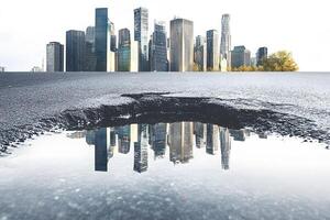 Urban Reflection in a Puddle of a Metropolitan Cityscape with Skyscrapers and Modern Architecture, Capturing a Unique Mirage of City Life and Urban Beauty photo