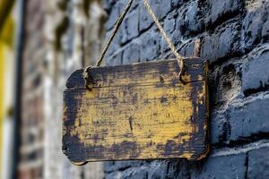 Rustic Wooden Signboard Hanging on a Weathered Brick Wall with a Faded Yellow Finish, Ideal for Customization and Personalization in Various Projects photo