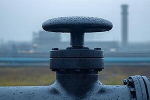 Industrial Valve and Pipe with Rain Drops in a Foggy Environment Showcasing Machinery and Processing Facility Background in an Overcast Atmosphere photo