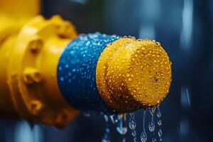 Close-Up of a Wet Yellow and Blue Pipe Fitting with Water Droplets on Its Surface, Showcasing Industrial Equipment and Environmental Factors in Focused Detail photo