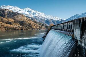 Breathtaking View of a Hydro Dam with Flowing Water Surrounded by Majestic Snow-Capped Mountains Under Clear Blue Sky in a Serene Landscape photo