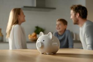 Family Budget Planning with a White Piggy Bank in a Bright Kitchen, Focusing on Savings and Financial Goals, Enjoying Quality Time Together photo