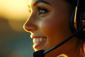 Young woman with headset smiling joyfully while using a communication device, enjoying her work in an engaging environment during sunset. photo
