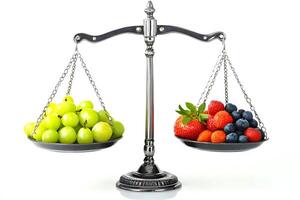 Fresh and Delicious Fruits on a Vintage Scale Showing Nutrition Balance, Healthy Eating Choices, Dieting Lifestyle, and Fresh Produce Concept photo