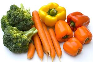 Fresh and Colorful Assortment of Vegetables Including Broccoli, Carrots, Yellow and Red Bell Peppers on Isolated White Background for Healthy Cooking and Nutrition Concepts photo