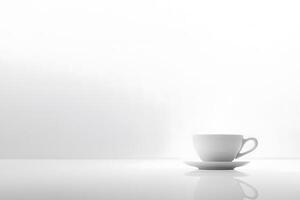 Minimalist White Coffee Cup on Reflective Surface with Soft Focus Background Conveying Calm and Simplicity in Contemporary Lifestyle Design photo