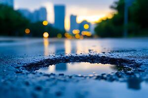Urban Reflection. A Close-Up of a Puddle on a City Street with Blurred Buildings and Soft Evening Lights in the Background Capturing the Essence of City Life photo
