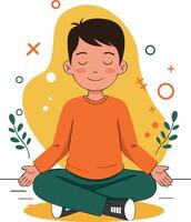 Boy Meditating in Lotus Pose with Relaxed Expression and Abstract Background Illustration vector