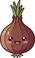 Kawaii style happy onion vegetable character with green leaves illustration vector