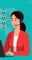 Female customer support agent working on laptop with headset in call interface illustration vector