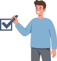 Young man marking checkbox with marker in casual clothes illustration vector