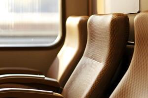 Empty train seats bathed in natural light, showcasing modern design and comfort, creating a serene atmosphere for travel and exploration in an urban setting photo