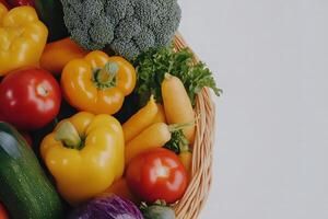 Fresh and Colorful Assortment of Vegetables in a Basket Including Bell Peppers, Carrots, Broccoli, and Tomatoes on a Light Background photo