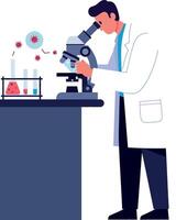 Scientist examining microorganisms under microscope in laboratory setting illustration vector