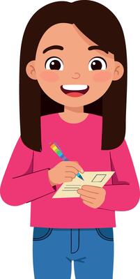 Young girl writing with pencil on paper smiling happy expression illustration