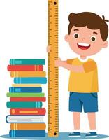 Boy measuring height with ruler next to colorful book stack in learning environment vector