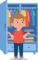 Confused child standing in front of open wardrobe with colorful clothes illustration vector