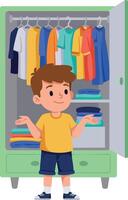 Boy Standing in Front of Open Wardrobe with Clothes Hanging and Folded Clothes Illustration vector