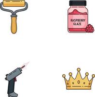 Cooking tools and raspberry glaze jar with crown and torch set vector