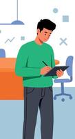 Man Writing on Clipboard in Modern Office Environment with Green Sweater vector