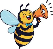 Happy bee character holding megaphone announcing message in cartoon style illustration vector