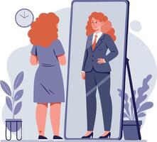 Woman looking at confident reflection in full length mirror with plants and clock illustration vector