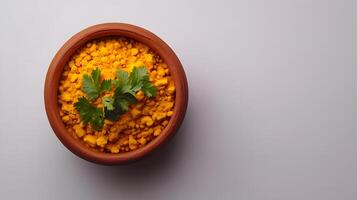 Vibrant Yellow Turmeric Powder in a Clay Bowl Garnished with Fresh Green Cilantro Leaves on a Soft Gray Background, Ideal for Culinary and Health Themes photo