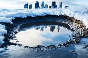 Urban Reflection in a Snowy Landscape with City Skyline and Winter Elements, Capturing the Interplay of Nature and Architecture in a Cold Environment photo