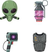 Alien mask grenade armor and futuristic weapon set with sci-fi elements vector