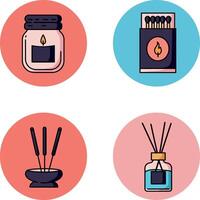 Candle jar matchbox incense sticks and diffuser set illustrations in colored circles vector