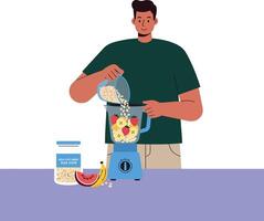 Man preparing healthy fruit smoothie with oats in blender for nutritious drink vector