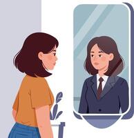 Woman reflecting on self image looking in mirror with thoughtful expression illustration vector