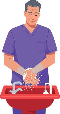Man in purple scrubs washing hands thoroughly at sink illustration