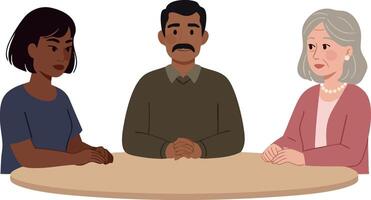 Diverse people sitting at round table in discussion with calm expressions illustration vector