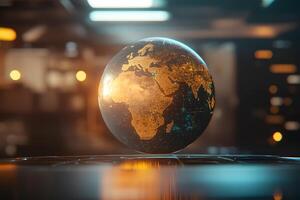 Futuristic 3D Globe Displaying Africa and Europe at Sunset with Glowing City Lights and Bokeh Background in Immersive Technology Environment photo