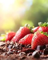 Fresh Strawberries Placed on Melted Chocolate with Chopped Cocoa Surrounding Them Under a Soft Sunlight at a Cozy Outdoor Setting photo