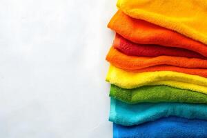 Colorful Stack of Soft Towels in a Bright Gradient Arrangement on a Plain Background for Spa, Bath and Relaxation Themes photo