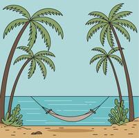 Tropical beach hammock between palm trees with ocean view and sandy shore illustration vector