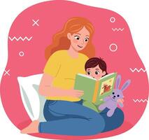 Mother reading storybook to child with purple plush bunny in cozy setting illustration vector