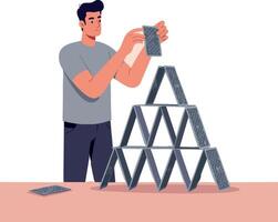 Man Building Pyramid Structure with Playing Cards on Table in Casual Setting vector