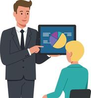 Businessman presenting pie chart to client during meeting in office environment illustration vector