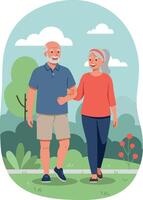 Elderly couple walking outdoors in casual clothes smiling in park setting with trees and clouds vector