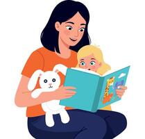 Mother reading children book with white bunny plush toy and toddler in lap illustration vector