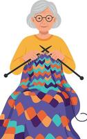 Elderly woman knitting colorful geometric pattern blanket with yarn and needles illustration vector