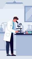 Scientist examining sample under microscope in laboratory setting illustration vector