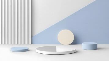 Minimalist Display with Geometric Shapes and Soft Color Palette in Modern Interior, Featuring Circles and Rectangles Against Light and Cool Tones photo