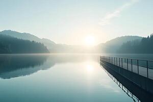 Serene Sunrise Over Calm Lake with Misty Mountains in the Background and a Peaceful Wooden Pier Inviting Reflection and Tranquility at Dawn in Nature's Embrace photo