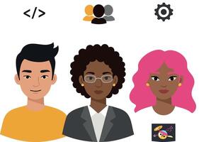 Diverse group of three people with coding and gear icons teamwork illustration vector